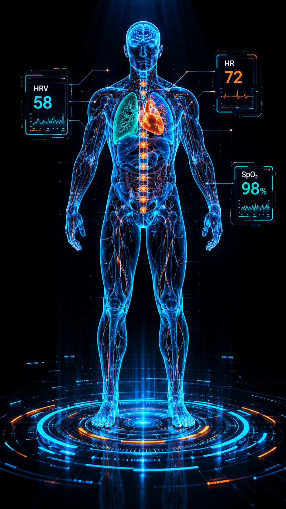 Live render of the Parabellum Digital Twin: a translucent human body model with HRV, heart rate, and SpO2 readouts on a holographic disc.
