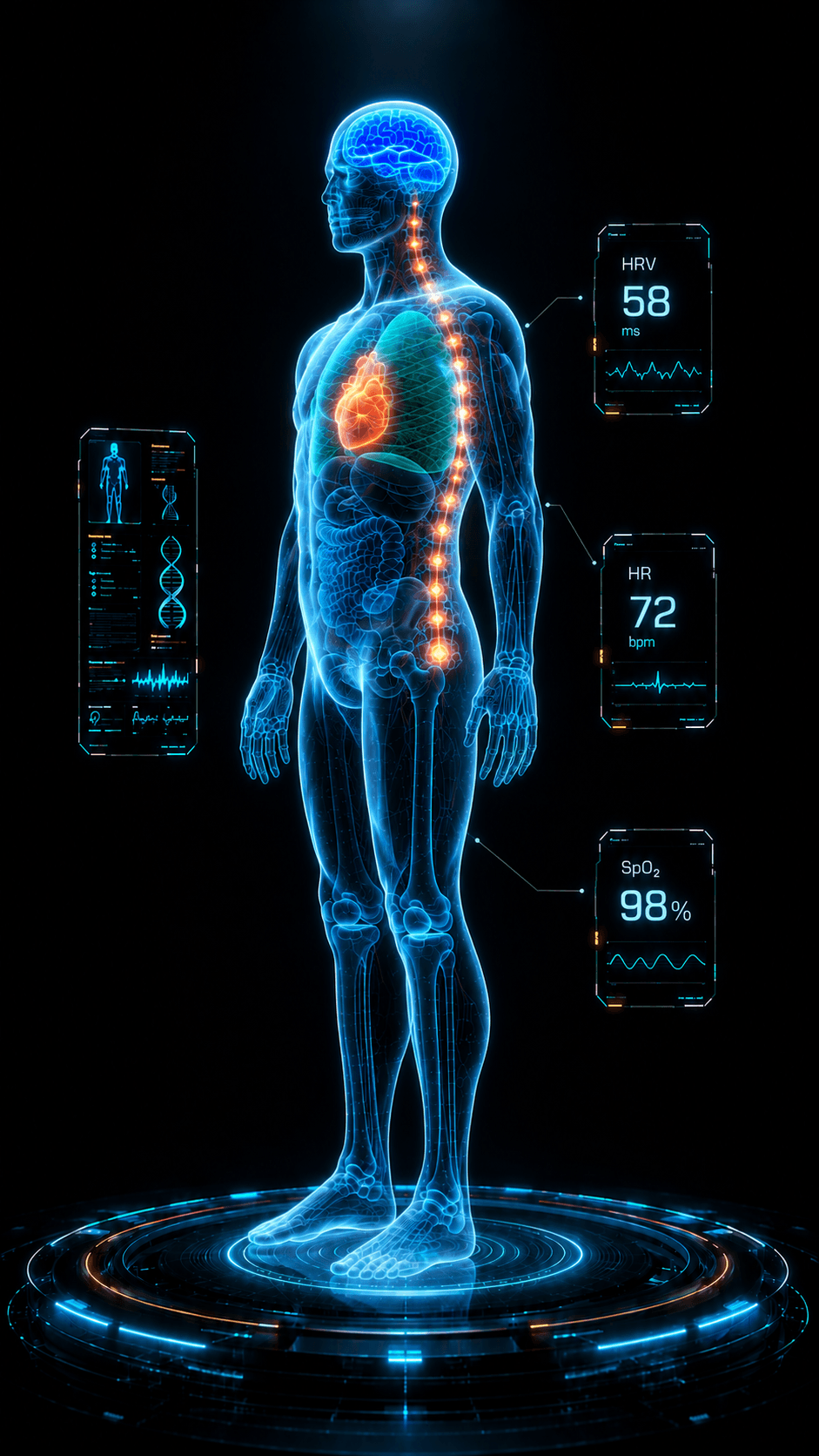 Three-quarter view of the Digital Twin with the brain region highlighted in cool light, surrounded by floating biometric chip readouts.