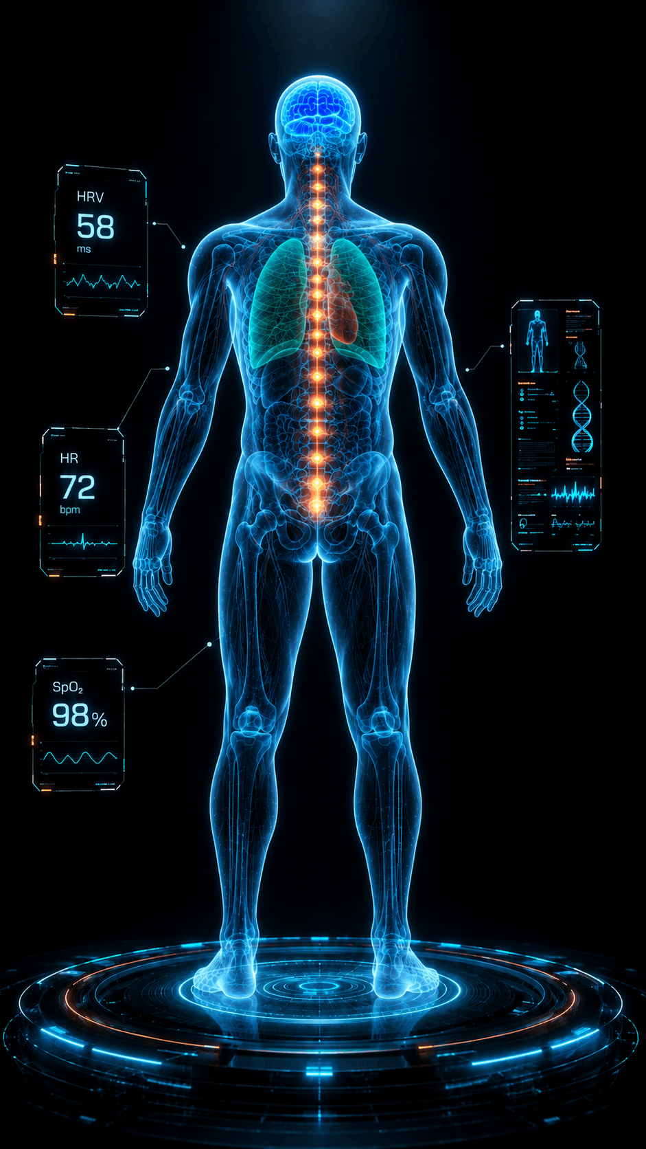 Front view of the Digital Twin showing fused biometric panels for HRV, heart rate, and SpO2 next to an analytics readout.