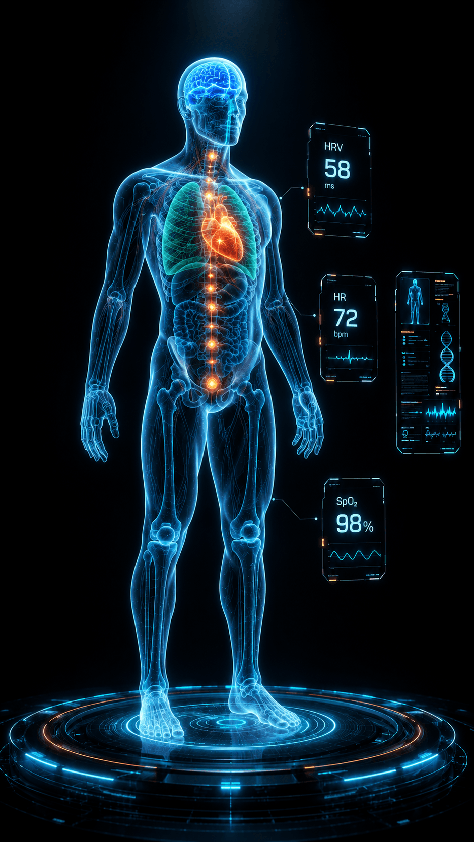 Three-quarter view of the Digital Twin in motion, with biometric chip readouts arranged vertically beside the body.
