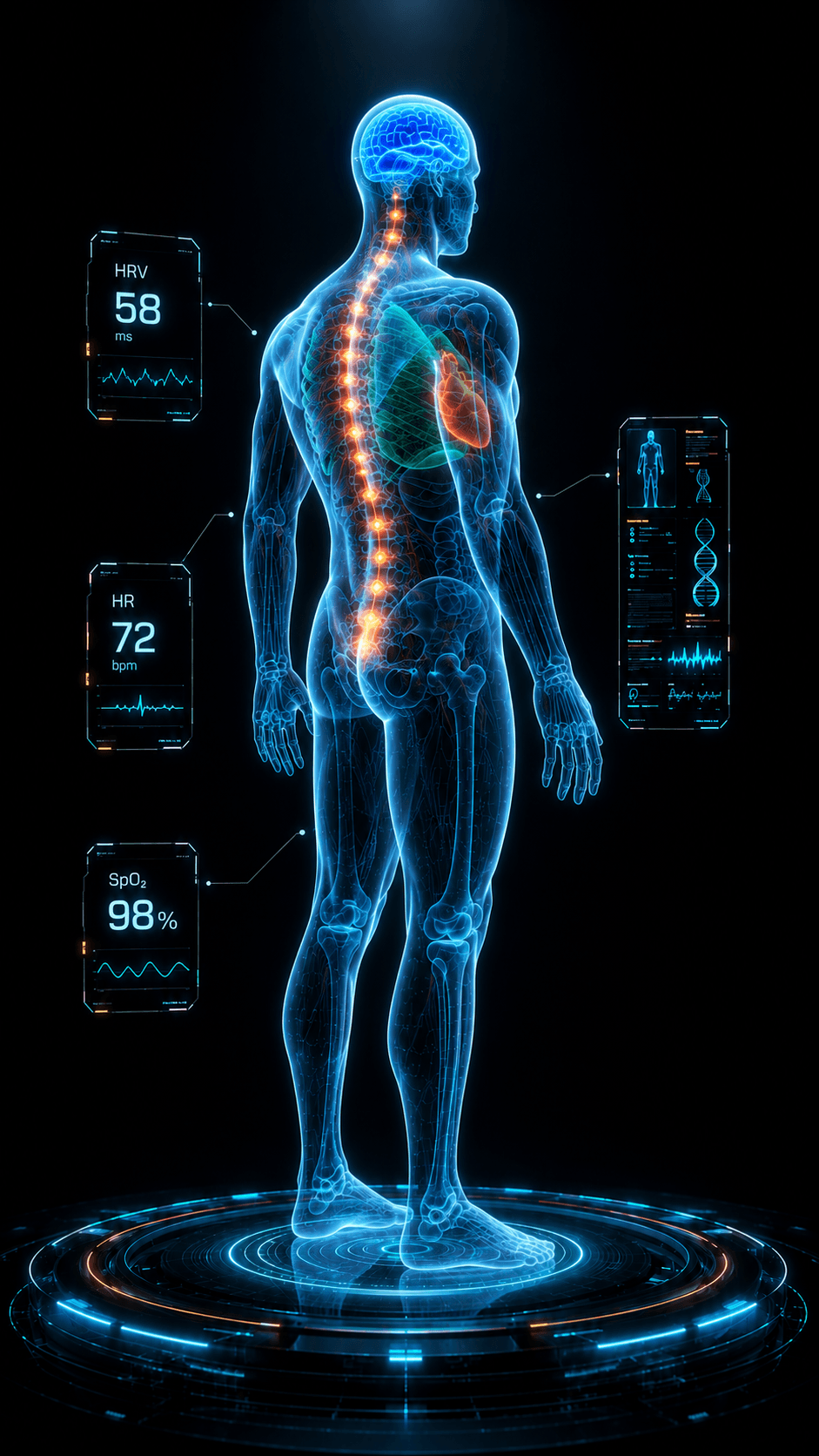 Rear view of the Digital Twin, spine illuminated, alongside an encrypted-looking data panel of streaming biometric and DNA-style readouts.
