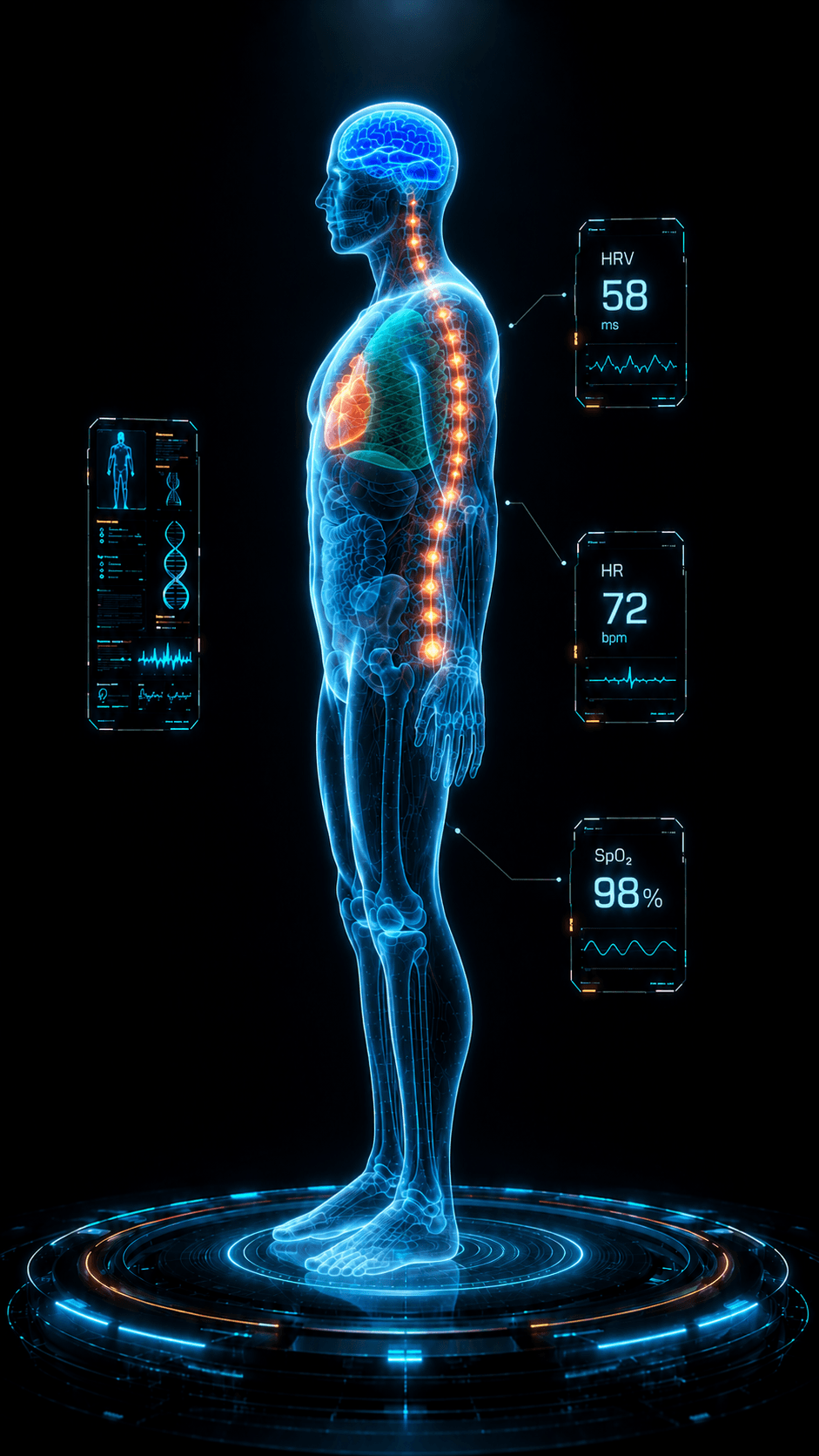 Side profile of the Digital Twin, translucent and skeletal, foundational form against a dark backdrop.