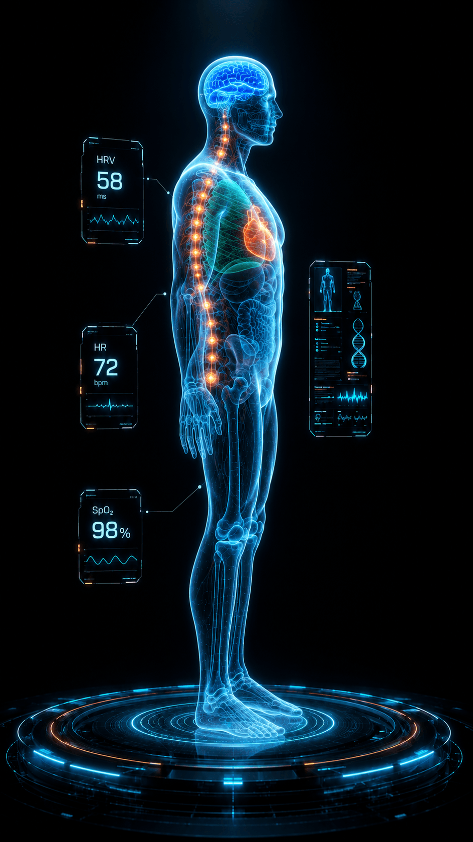 Closing portrait of the Digital Twin in side profile, vital readouts arranged around the figure on a dark holographic platform.